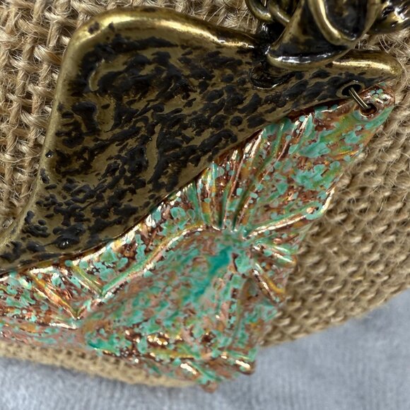Green & Bronze Pendant Necklace Textured Metal Design on Chain 18 Inches Long - Picture 15 of 16